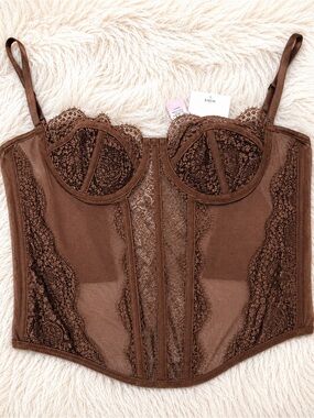 NWT MICAS Brown Sheer Floral Lace Corset Bustier Top Small